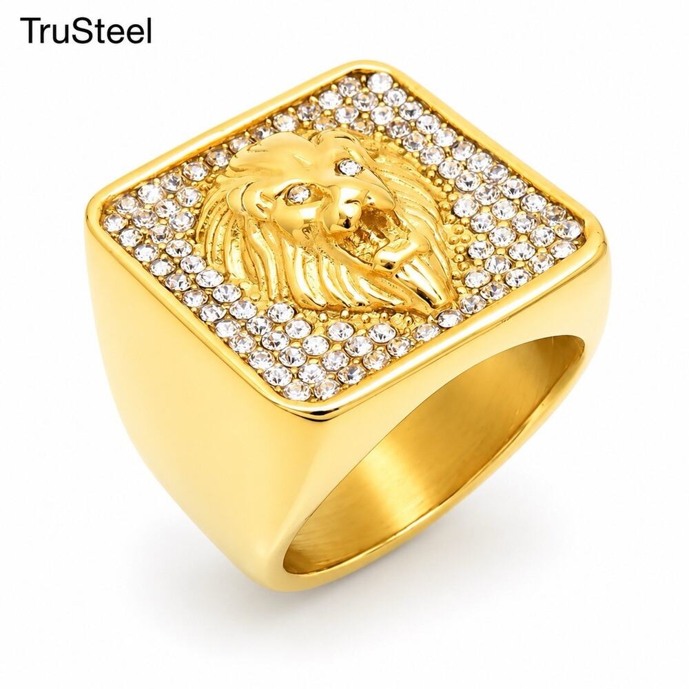 Menās Gold Tone Lion Head CZ Iced Signet Ring Hip Hop Statement Size 13